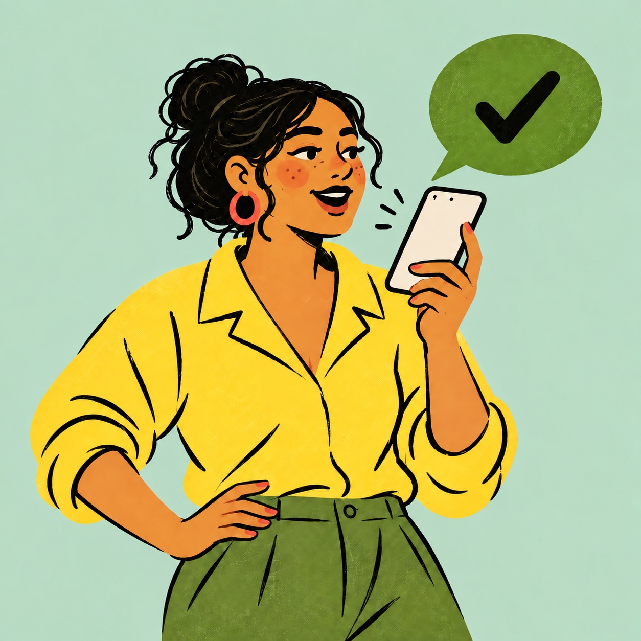 The same woman speaking confidently, with a green speech bubble and a check mark.