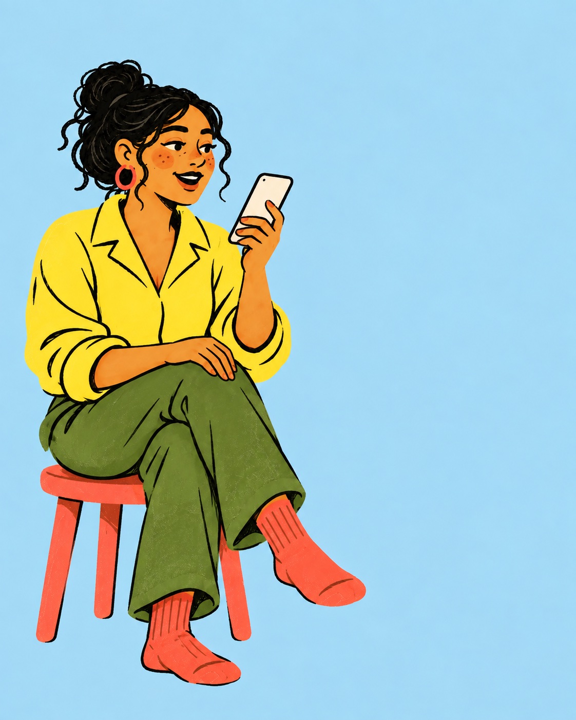 A seated woman shown in full, looking at her phone beside three recurring German corrections.