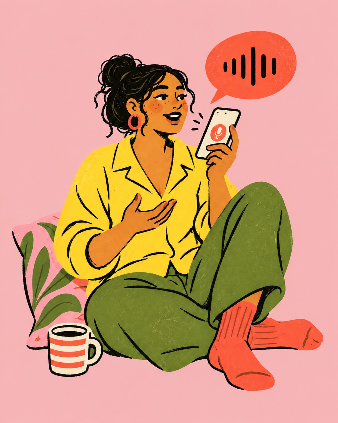 A woman chatting into her phone, wearing a yellow shirt and green trousers, with a coral speech bubble.